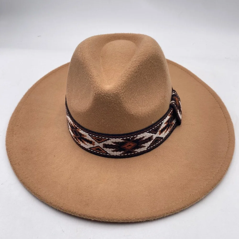 Wide Brim Fedora Hat OSFM Tan Southwestern Band Western Boho Adjustable vGC